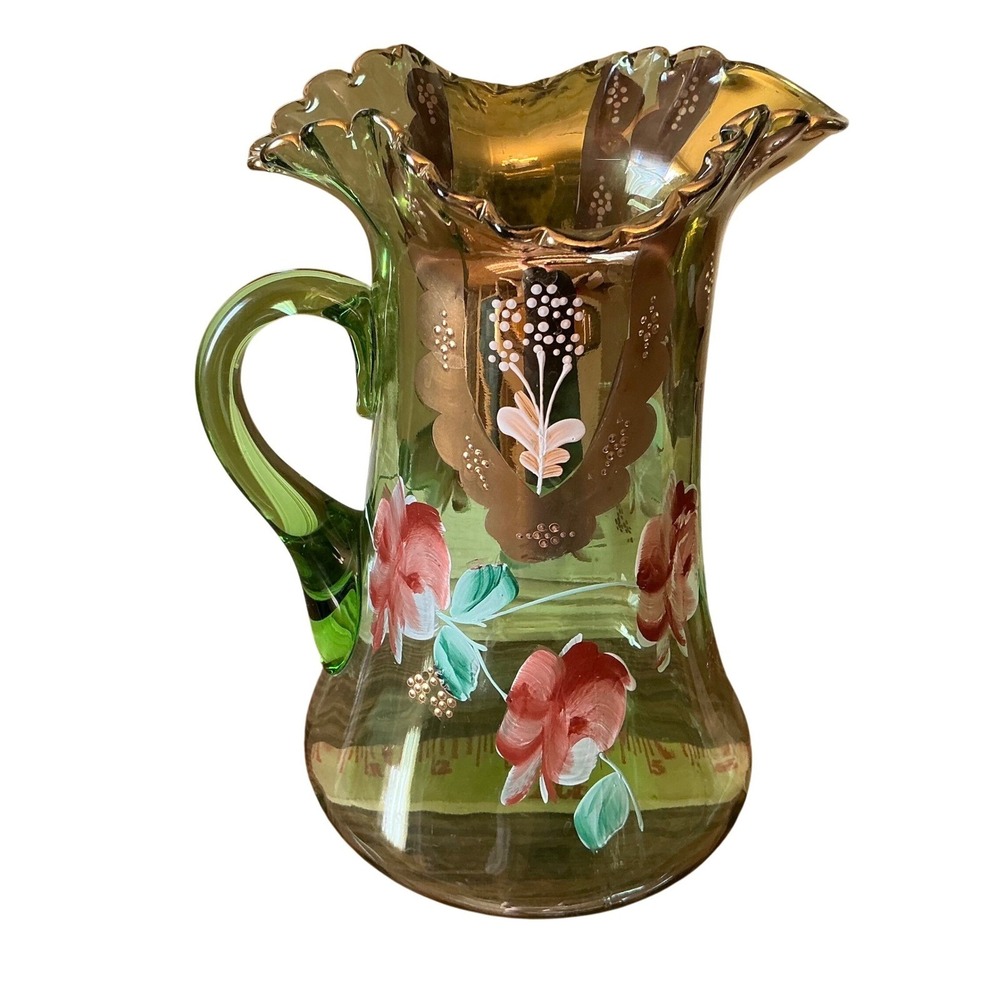 Vintage Bohemian Green Glass Pitcher & 6 Glasses Hand Painted Floral Gold Set - Picture 10 of 16